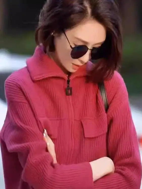Women’s Ribbed Zip Up Knit Sweater Jacket | Cozy Pink Collared Cardigan Top