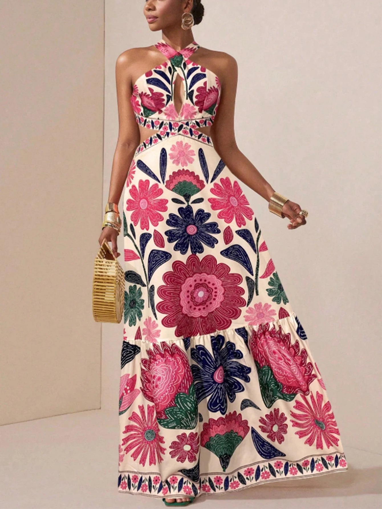 Floral Print Halter Neck Maxi Dress Women | A Line Cut Out Evening Dress