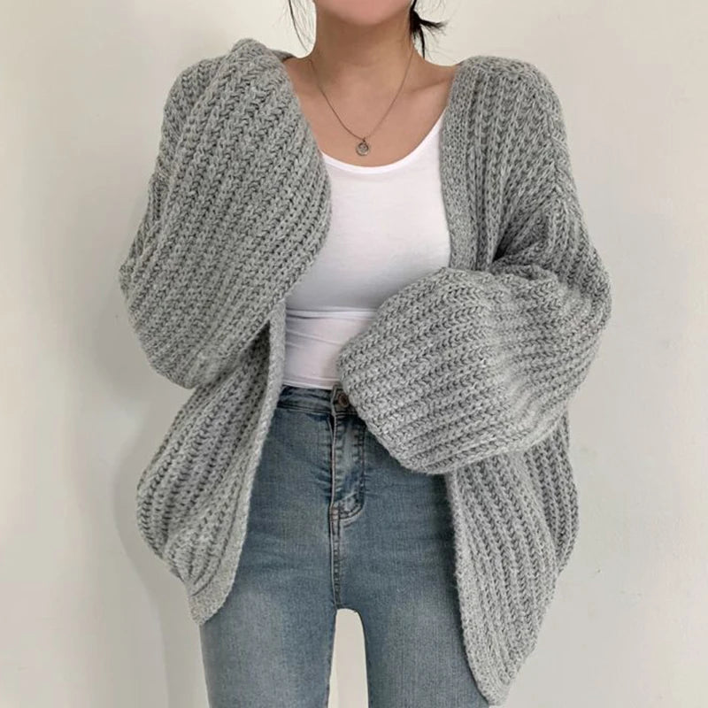 Women’s Oversized Chunky Knit Cardigan | Cozy Grey Open Front Slouchy Sweater