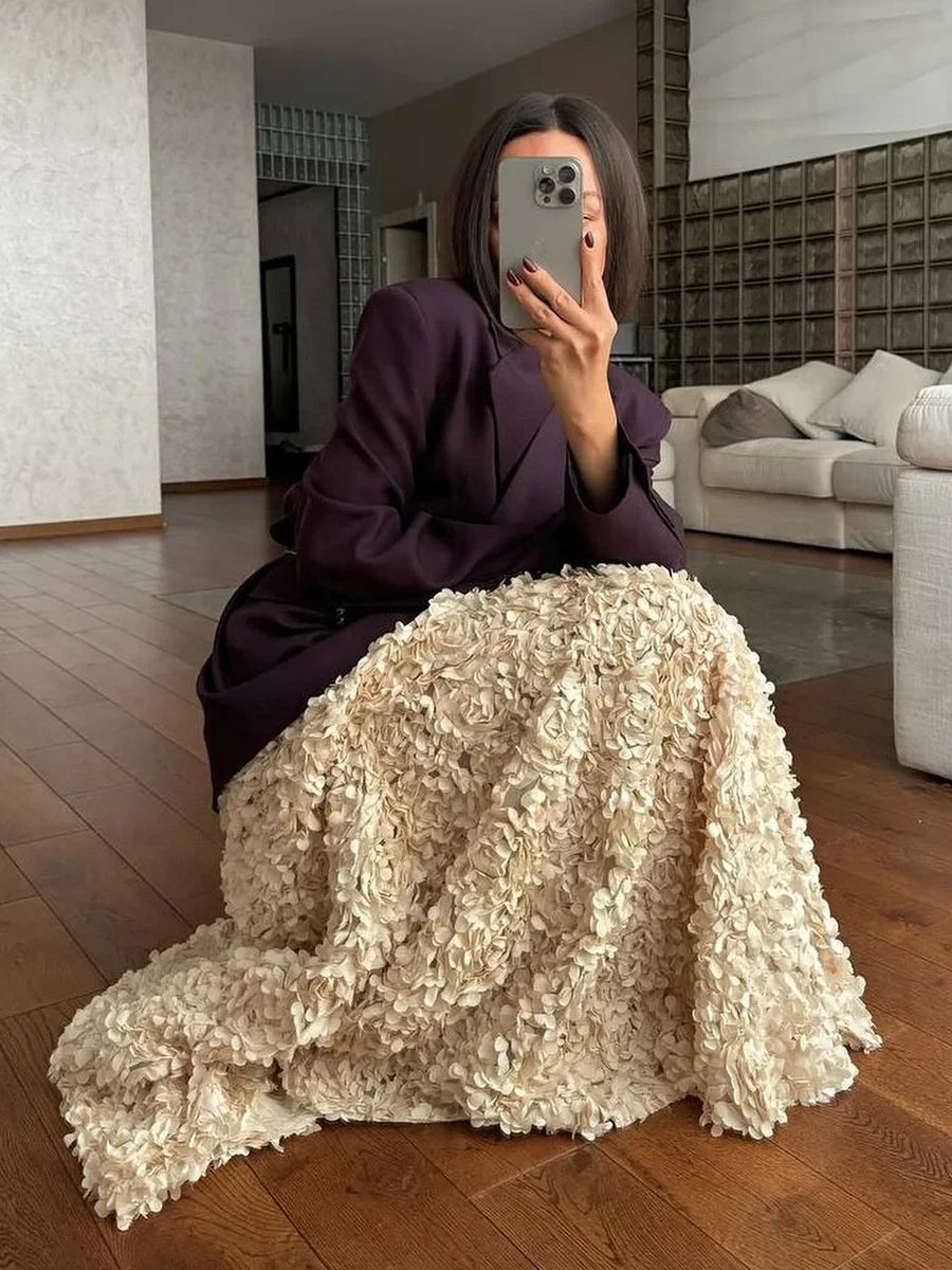 Women 3D Floral Applique Maxi Skirt High Waist Luxury A Line Long Skirt