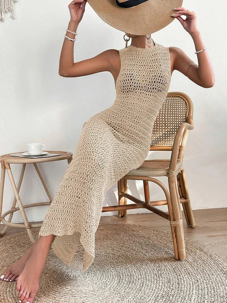 Crochet Knit Maxi Dress Women | Sleeveless Boho Beach Summer Dress