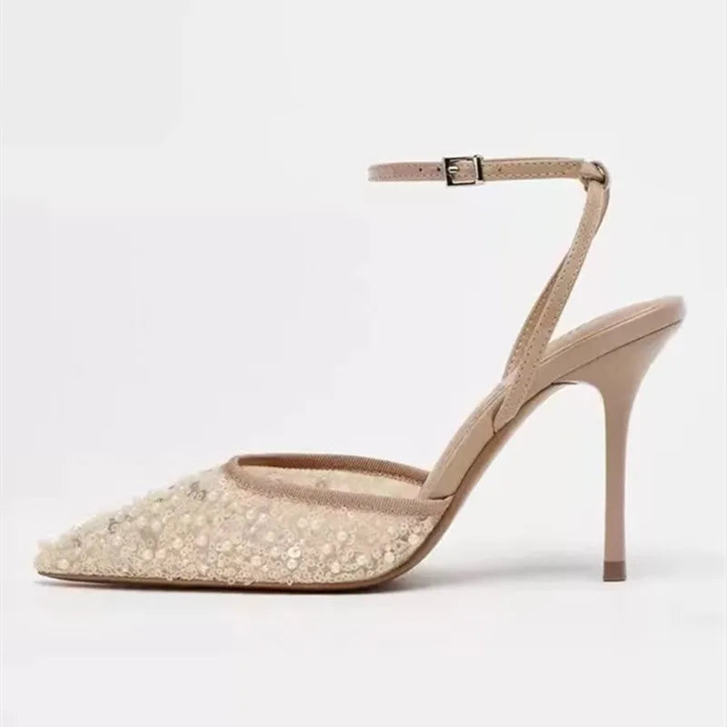 Women’s Embellished Stiletto Heels – Elegant Pointed Toe Ankle Strap Pumps for Wedding & Party Wear