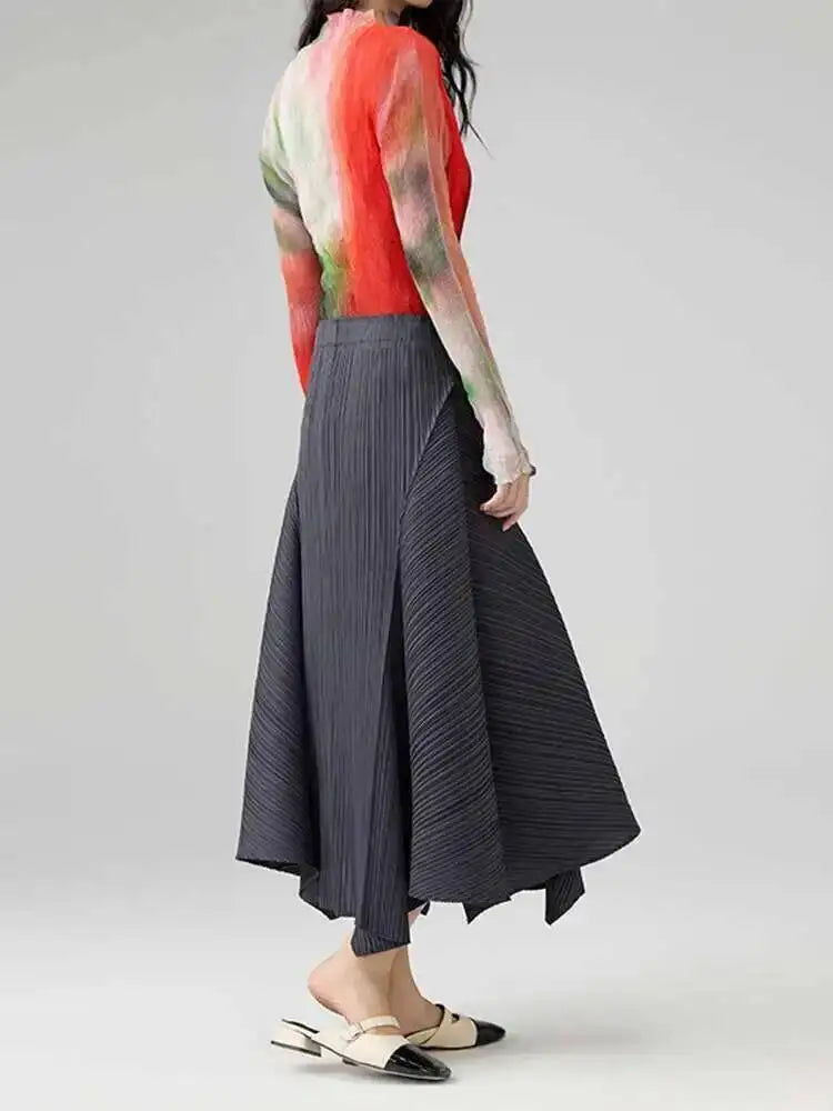 Women Asymmetrical Pleated Midi Skirt High Waist Elegant A Line Skirt