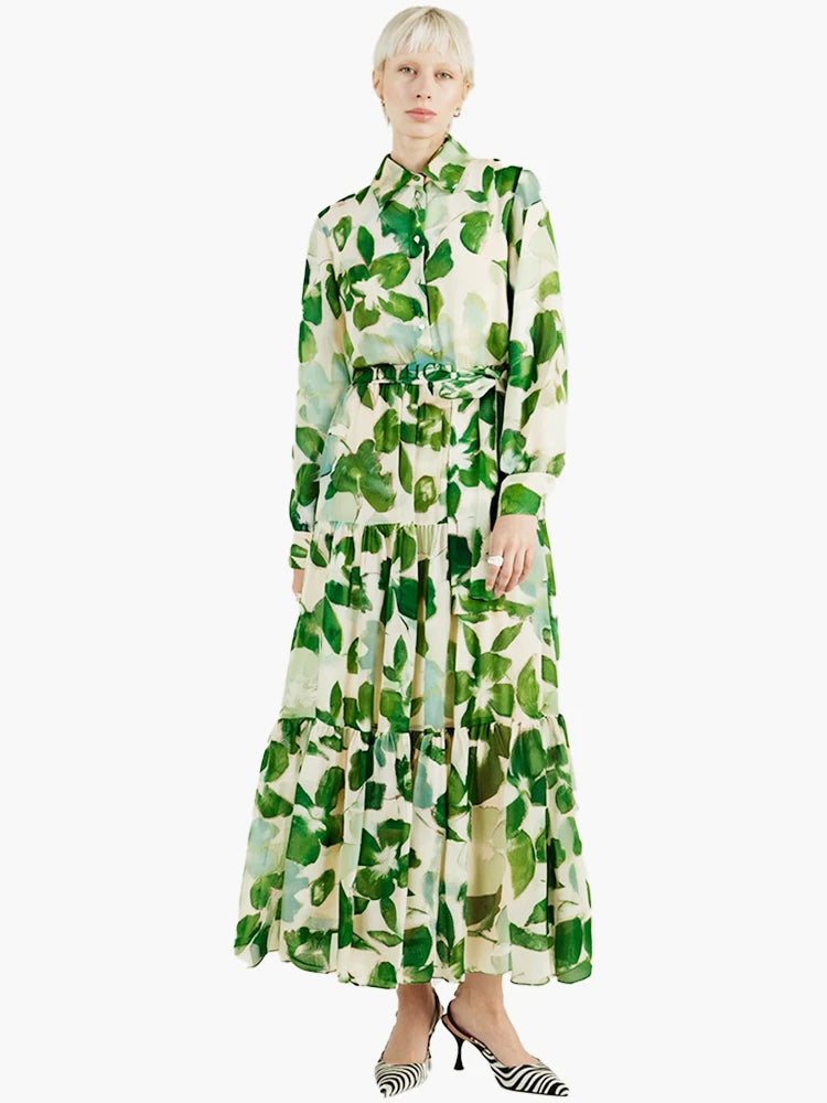 Women’s Green Floral Maxi Dress | Elegant Long Sleeve Belted Botanical Shirt Dress