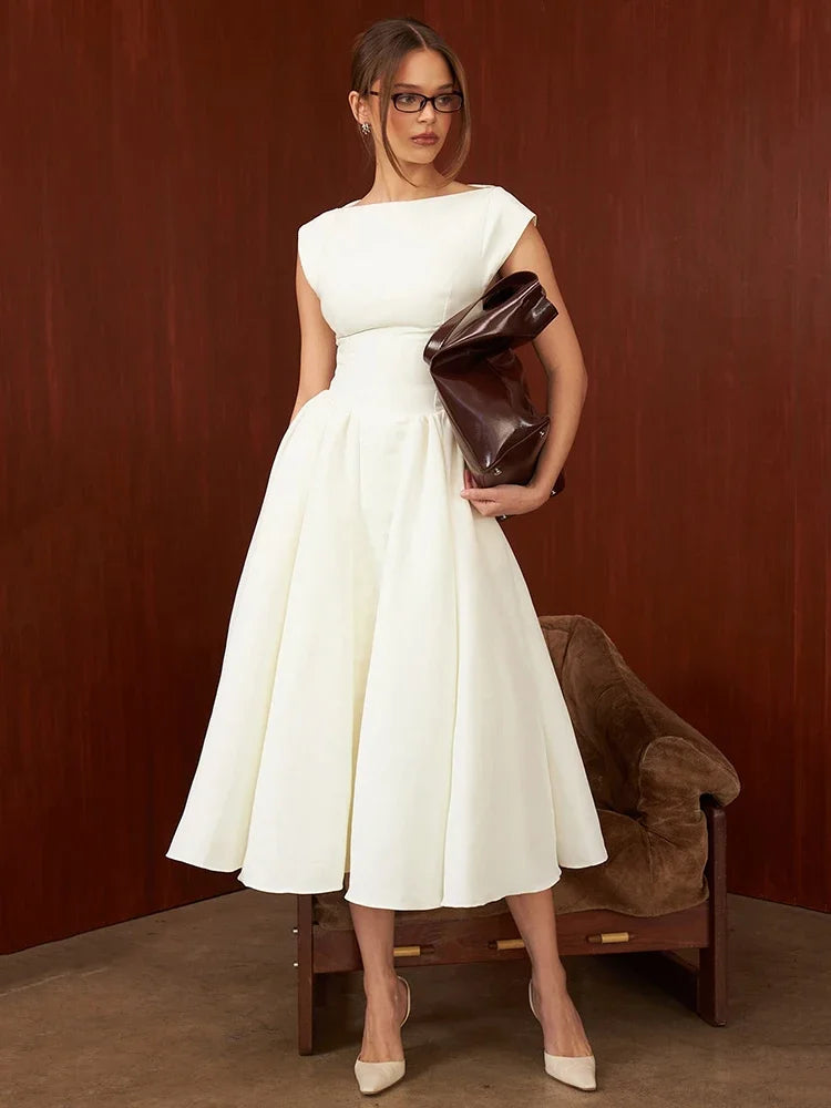 Women’s Elegant Ivory Midi Dress | Minimalist A-Line Cocktail & Wedding Guest Dress