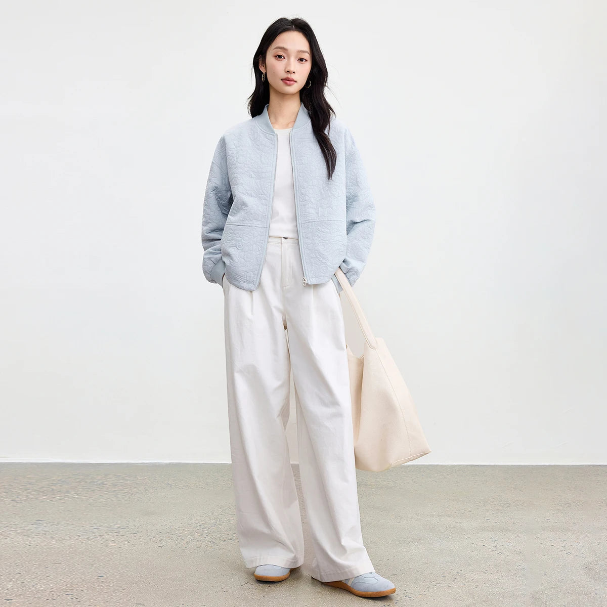 Women’s Light Blue Quilted Bomber Jacket | Minimalist Zip-Up Lightweight Padded Coat