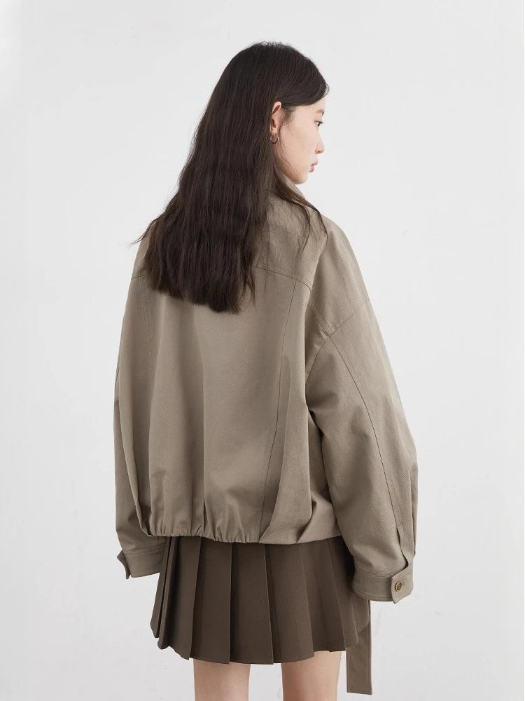 Women’s Taupe Faux Leather Bomber Jacket | Oversized Cropped Moto Jacket with Stand Collar for Casual, Streetwear & Fall Fashion