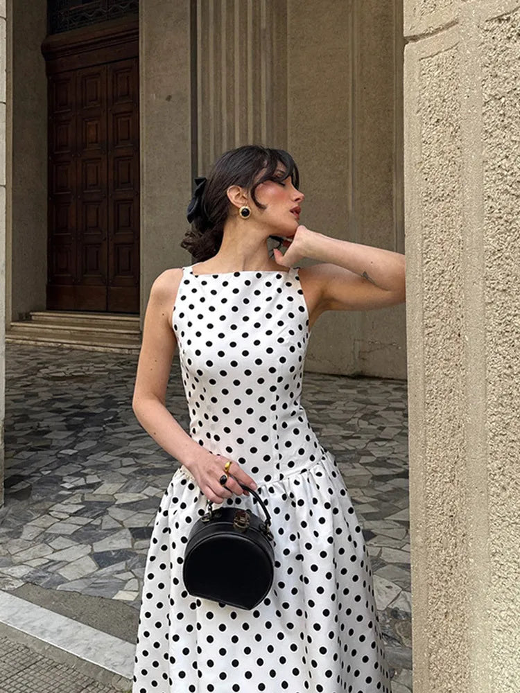Women’s White Polka Dot Sleeveless Maxi Dress | Vintage Fit & Flare A-Line Midi Dress for Weddings, Garden Parties & Summer Events