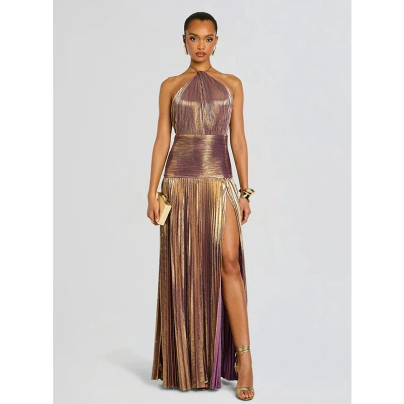 Halter Neck Pleated Maxi Dress Women | High Split Evening Party Dress