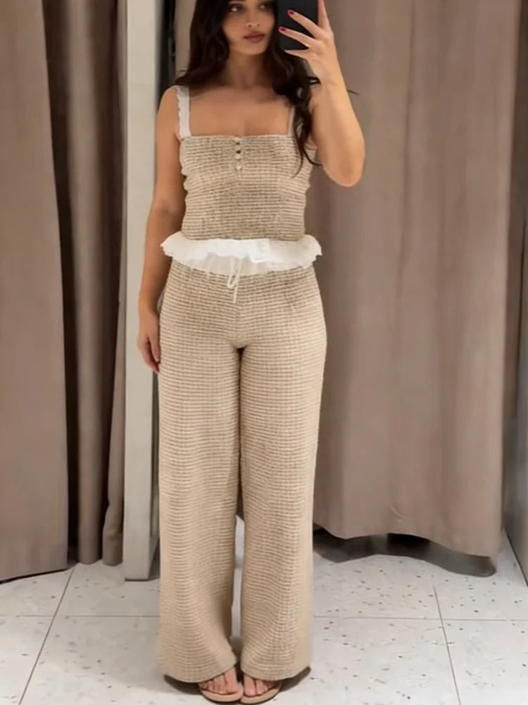 Women's Textured Wide Leg Co-Ord Set | Shirred Cami Top & Relaxed Trousers Two Piece Outfit