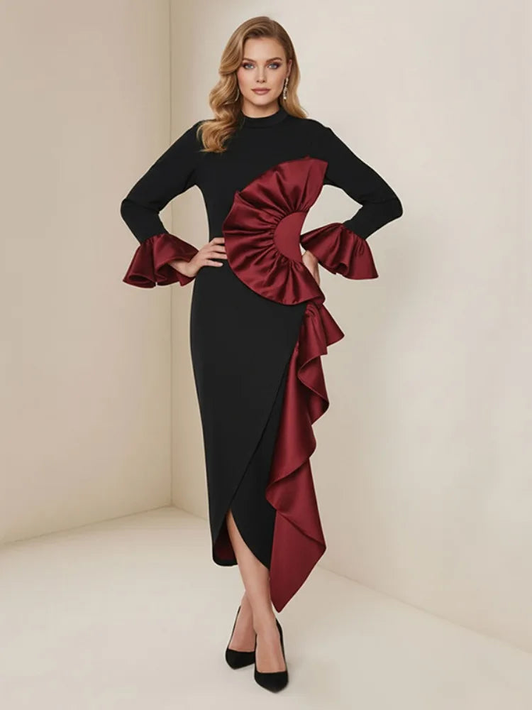 Ruffle Midi Dress Women | Long Sleeve High Neck Elegant Party Dress