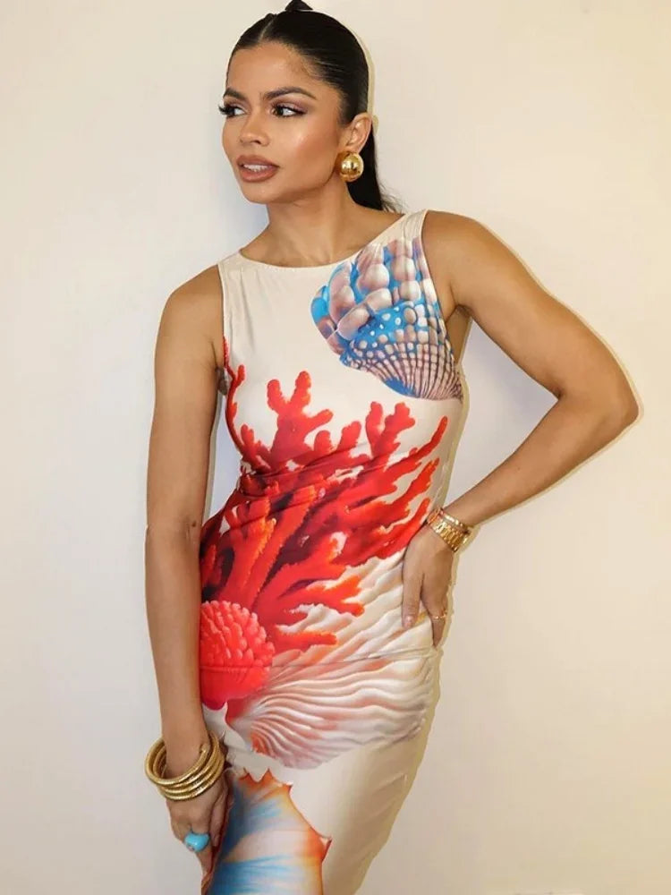 Printed Midi Bodycon Dress Women | Sleeveless Ocean Print Elegant Dress