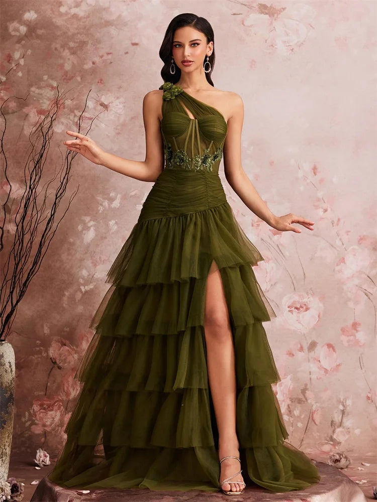 Women’s Olive Green One Shoulder Tiered Tulle Evening Gown | Beaded Waist Formal Maxi Dress with High Slit for Prom, Galas & Weddings