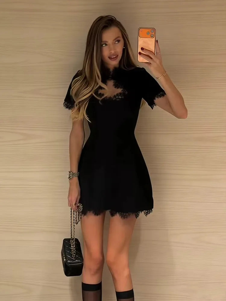 Women’s Black Lace Trim Mini Dress | Elegant Square Neck A-Line Dress with Short Sleeves for Date Night, Parties & Special Occasions