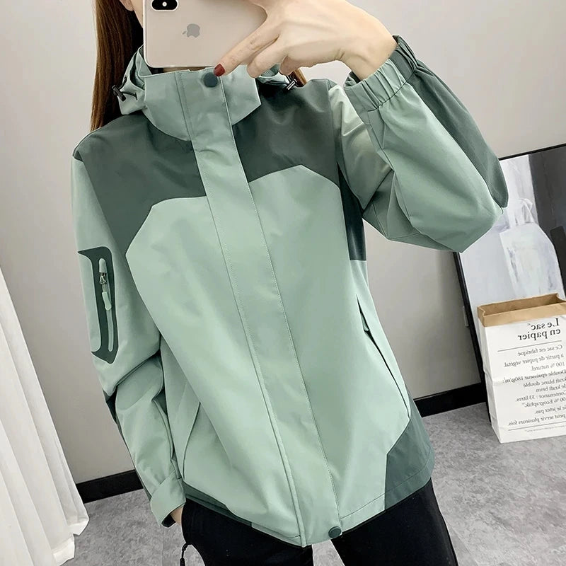 Women’s Sage Green Hooded Waterproof Windbreaker Jacket | Lightweight Outdoor Zip-Up Rain Jacket for Hiking, Travel & Everyday Wear