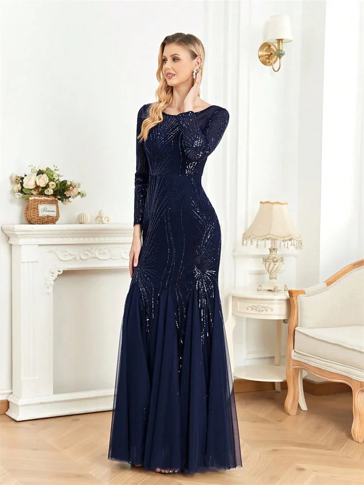 Women’s Navy Blue Sequin Mermaid Evening Gown | Long Sleeve Illusion Neck Formal Maxi Dress for Galas, Weddings & Black Tie Events