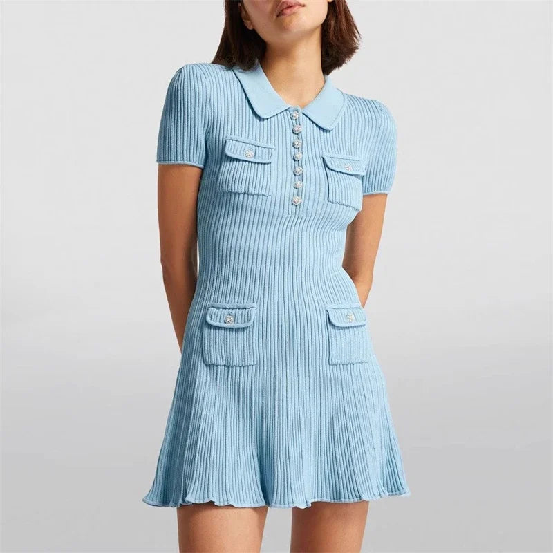 Women’s Light Blue Ribbed Knit Mini Dress | Vintage Collared A-Line Dress with Pearl Buttons for Elegant Everyday Wear