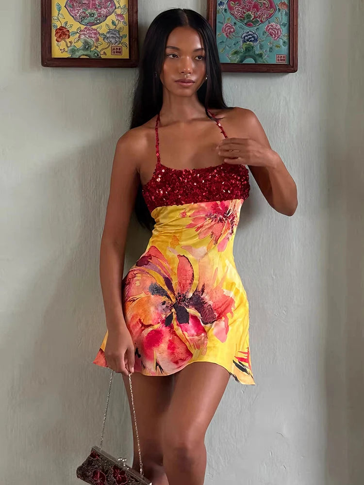 Women’s Red Sequin Floral Mini Dress | Spaghetti Strap Satin Bodycon Party Dress for Vacations, Date Nights & Summer Events
