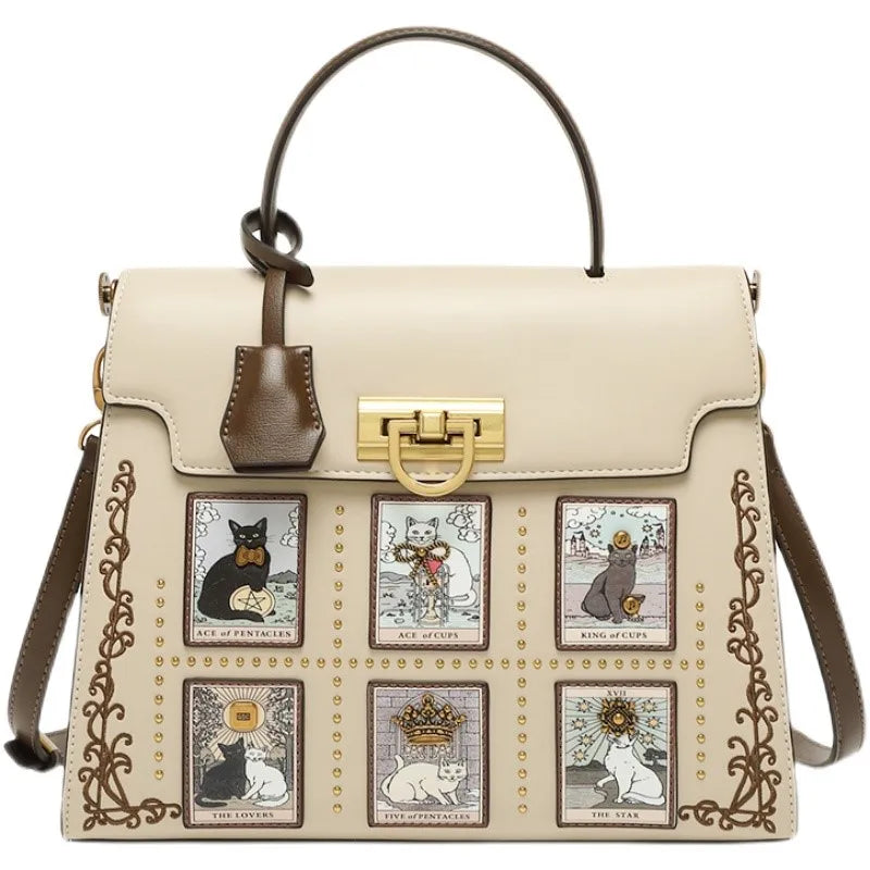 Cute Cat Print Satchel Bag for Women | Vintage Crossbody Handbag | Elegant Top Handle Shoulder Purse | Fashion Designer Tote