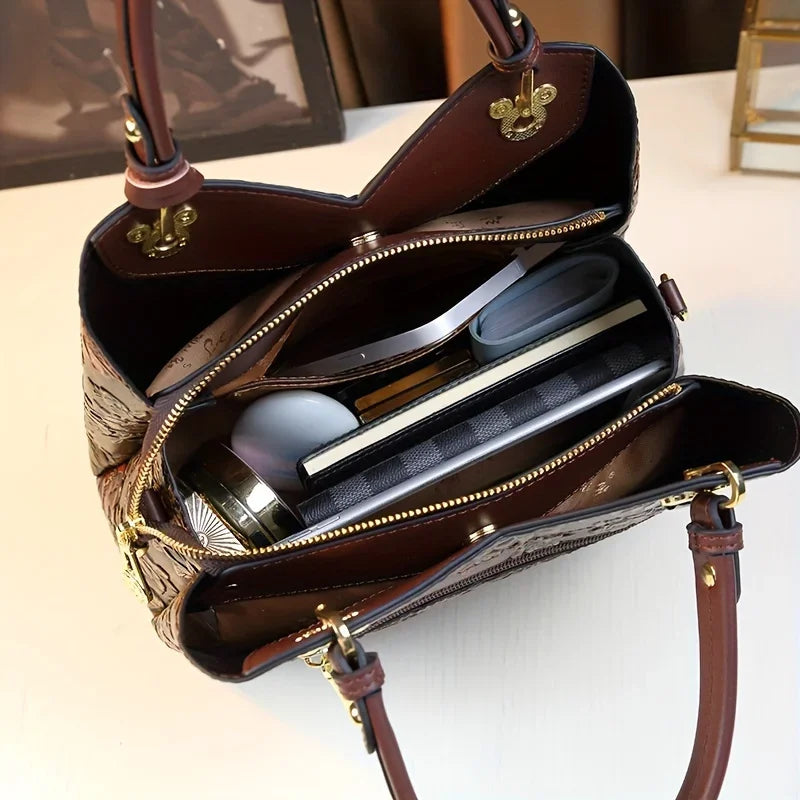 Vintage Floral Handbag for Women | Elegant Designer Shoulder Tote | Embossed Leather Crossbody Purse | Fashion Everyday Bag