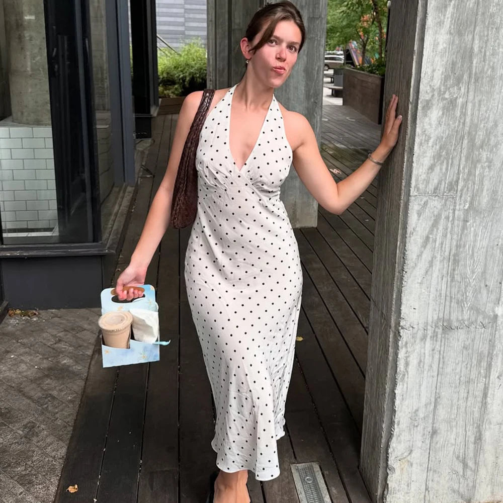 Women’s White Polka Dot Halter Maxi Dress | Elegant Backless Summer Vacation & Resort Dress