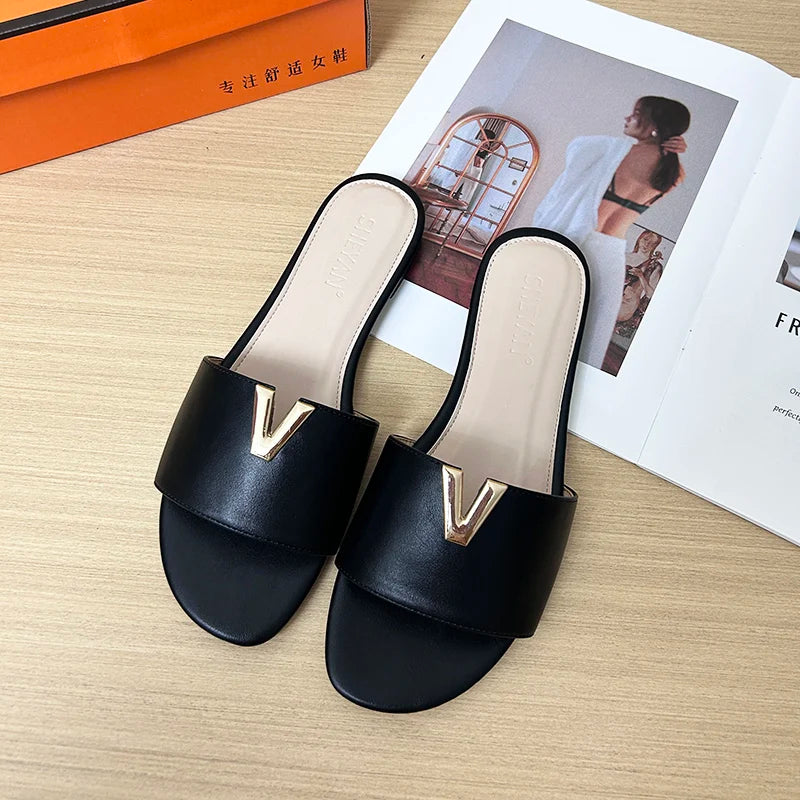 Women’s Minimalist V Metal Slide Sandals – Elegant Flat Slip-On Summer Slides for Casual, Vacation & Everyday Wear