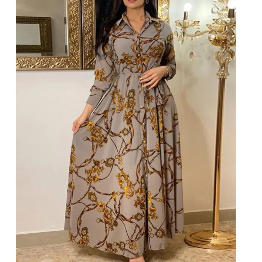 Printed Shirt Maxi Dress Women | Long Sleeve Belted A Line Elegant Dress