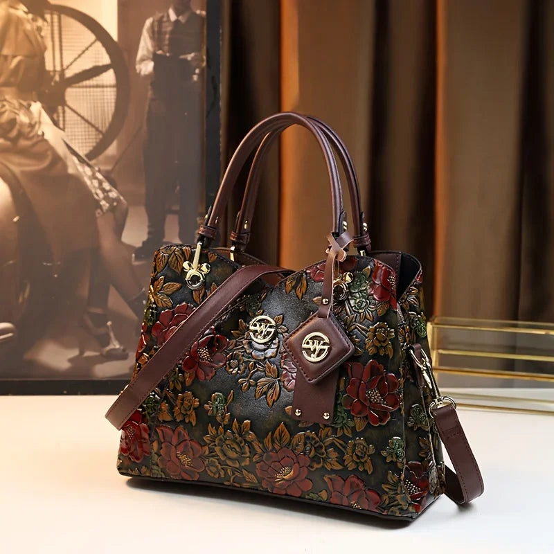 Vintage Floral Handbag for Women | Elegant Designer Shoulder Tote | Embossed Leather Crossbody Purse | Fashion Everyday Bag