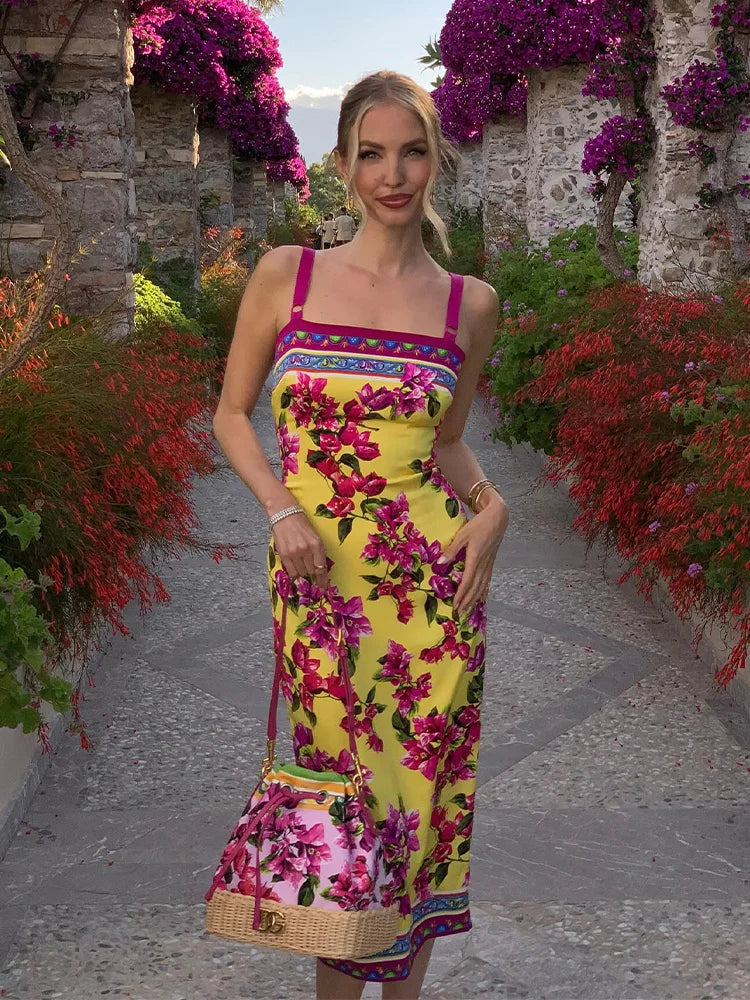 Yellow Floral Midi Dress Women | Summer Bodycon Sundress