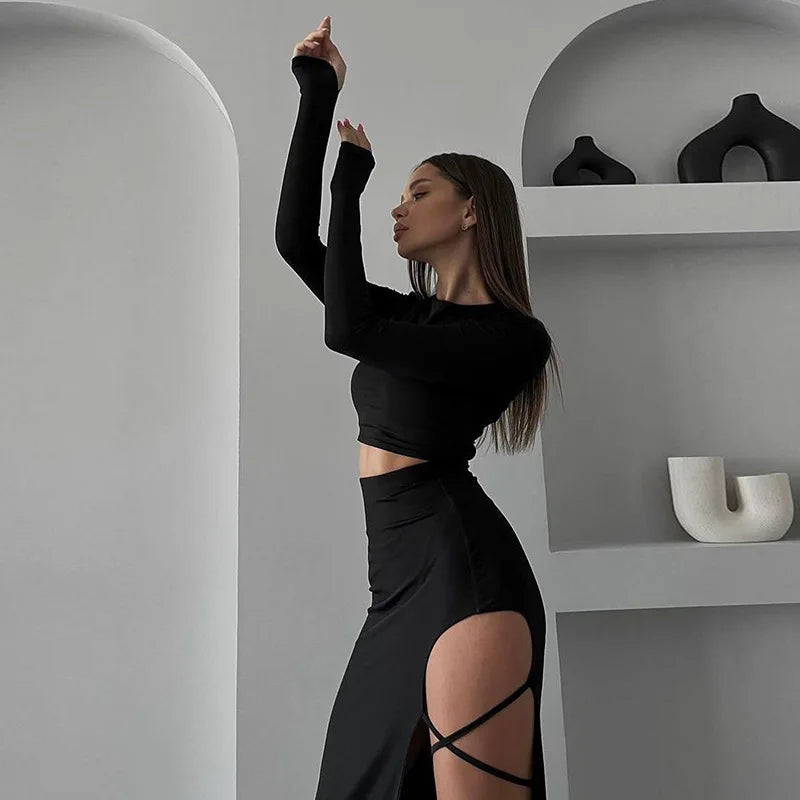 Women's Long Sleeve Crop Top & High Split Maxi Skirt Co-Ord Set | Cut Out Evening Party Outfit