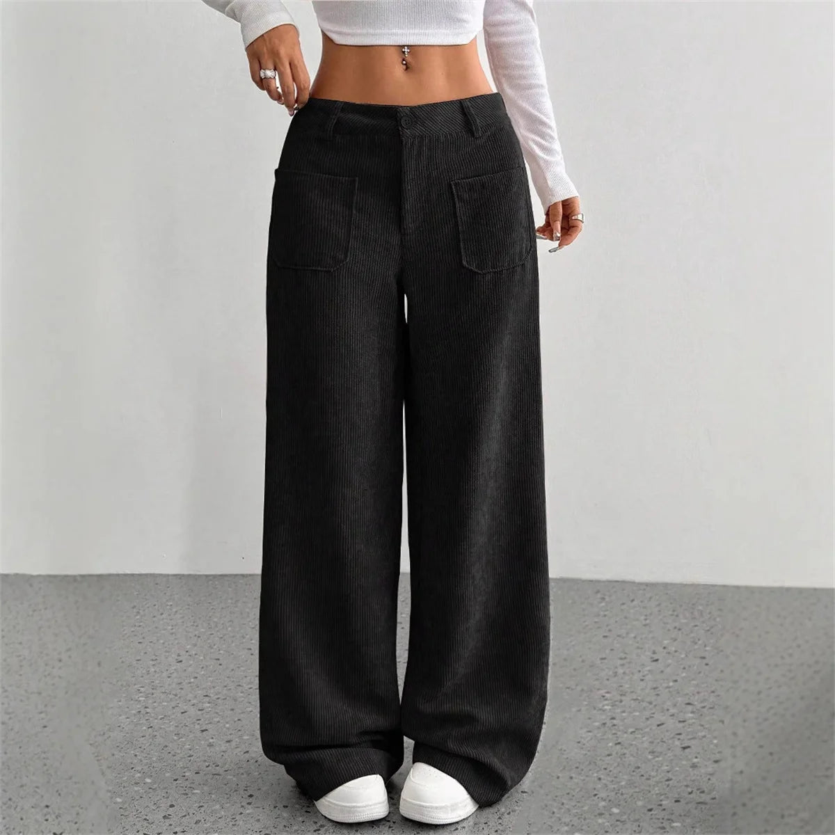 Women High Waist Corduroy Wide Leg Pants Casual Relaxed Fit Trousers