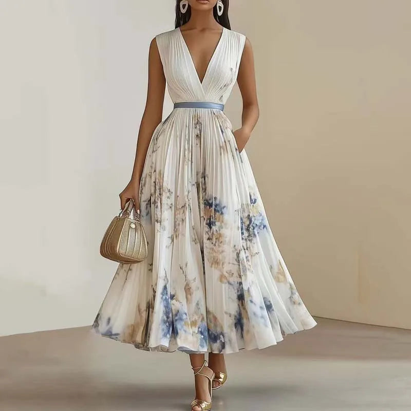 Pleated Midi Dress Women | V Neck Sleeveless A Line Elegant Dress