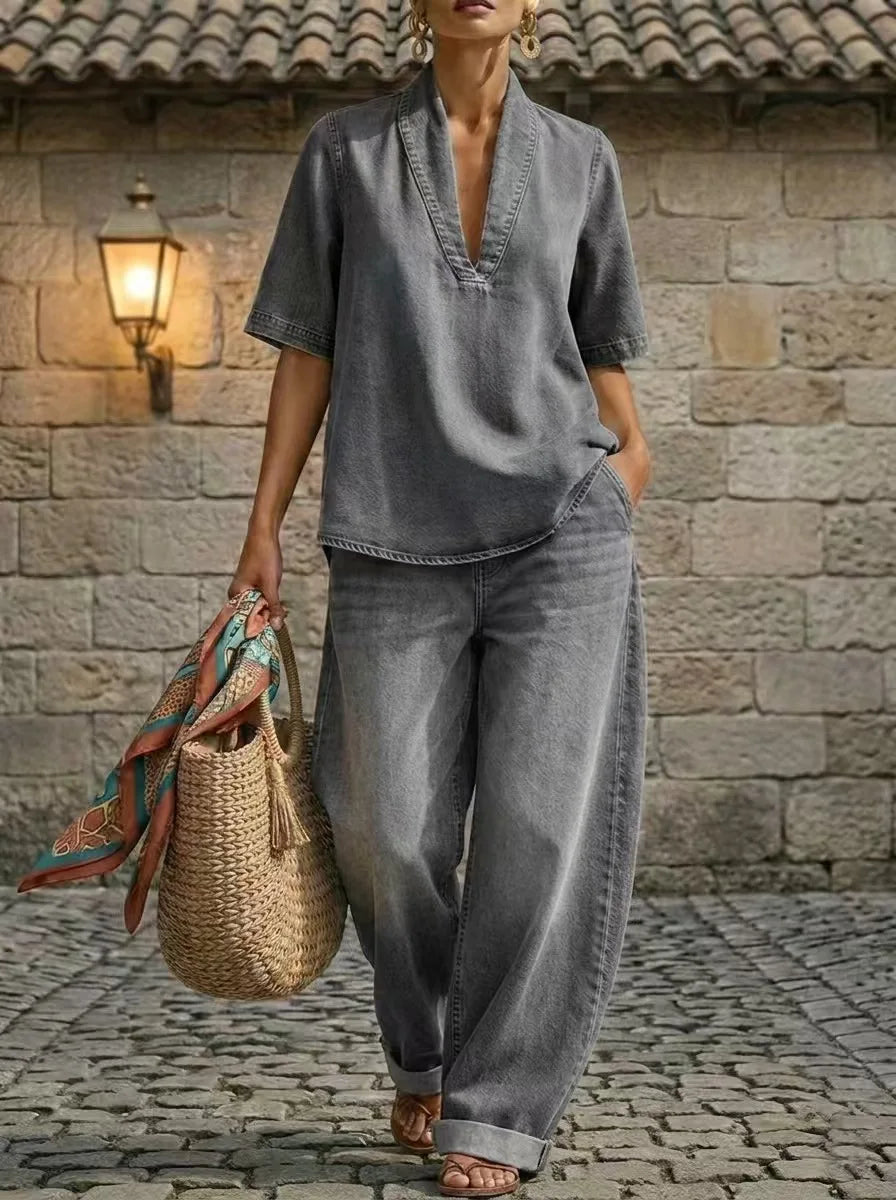 Women's Relaxed Denim Co-Ord Set | V Neck Top & Wide Leg Trousers Casual Outfit
