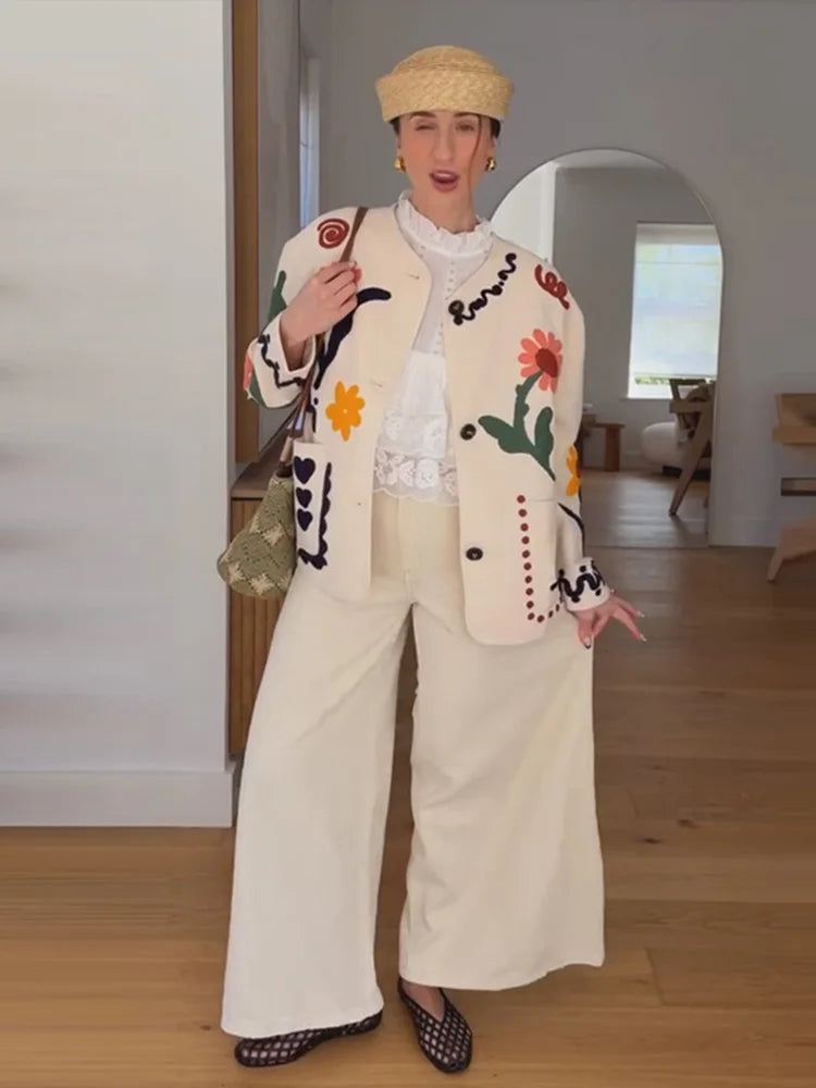 Women’s Abstract Embroidered Wool Blend Jacket | Artistic Cream Statement Coat for Women