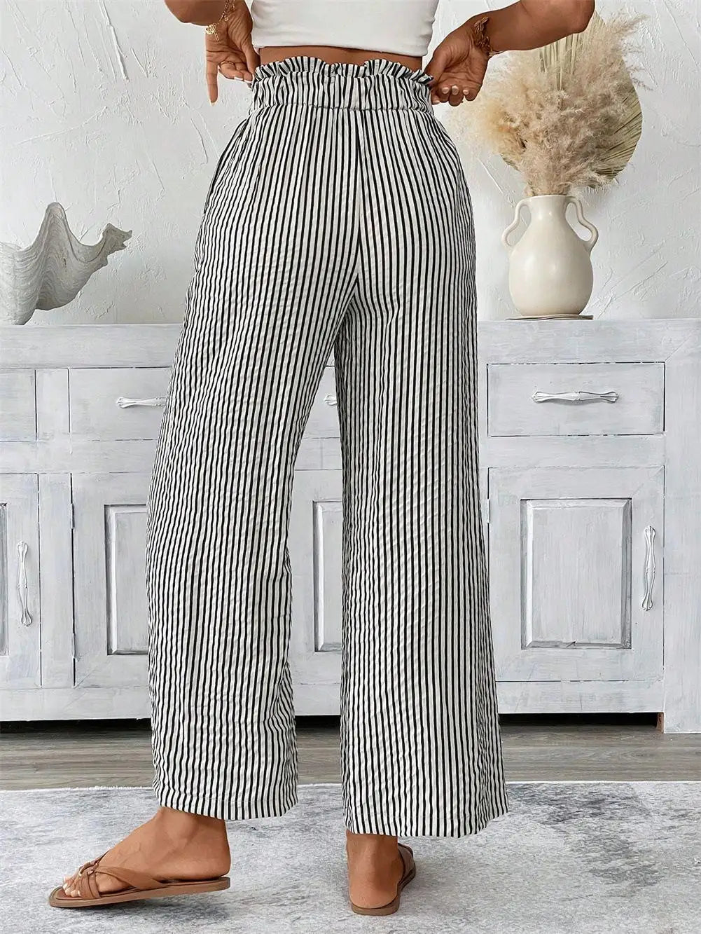 Women High Waist Striped Wide Leg Pants Casual Tie Waist Palazzo Trousers