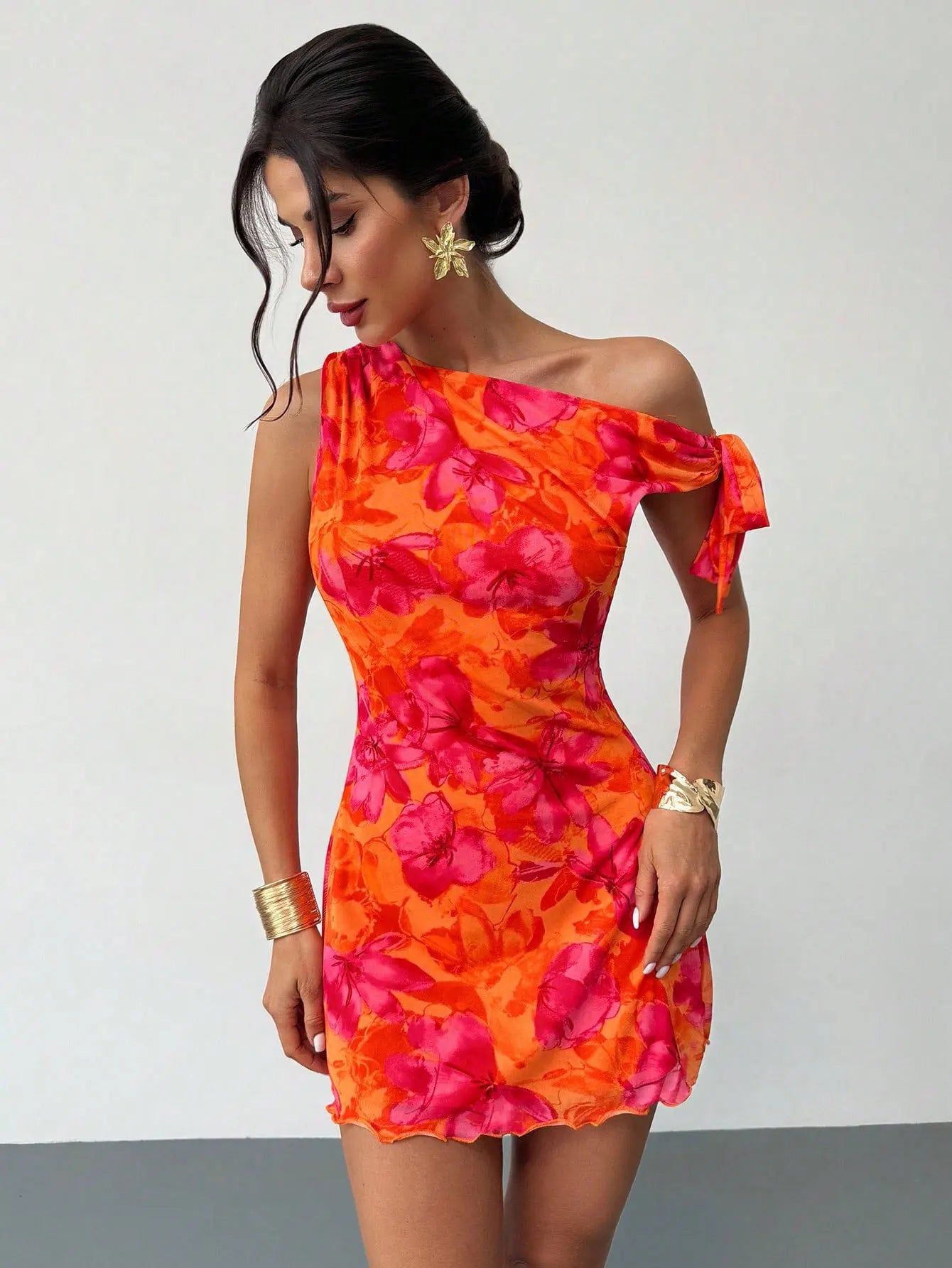 Women’s One-Shoulder Floral Mini Dress | Tropical Orange Pink Bodycon Summer Party Dress