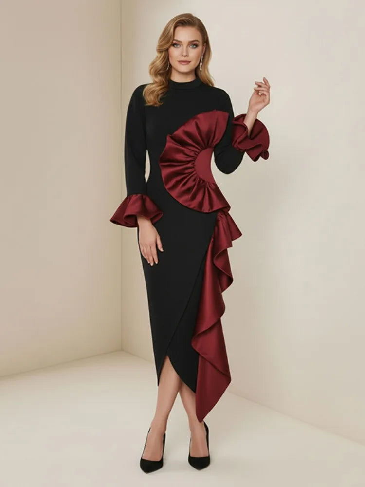 Ruffle Midi Dress Women | Long Sleeve High Neck Elegant Party Dress