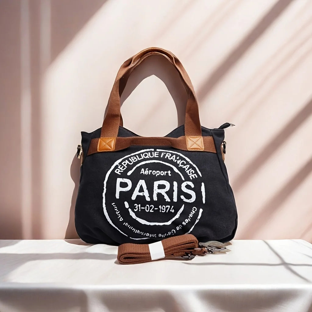 Vintage Canvas Tote Bag for Women | Casual Shoulder Handbag | Large Capacity Everyday Shopper Purse | Paris Print Travel Tote
