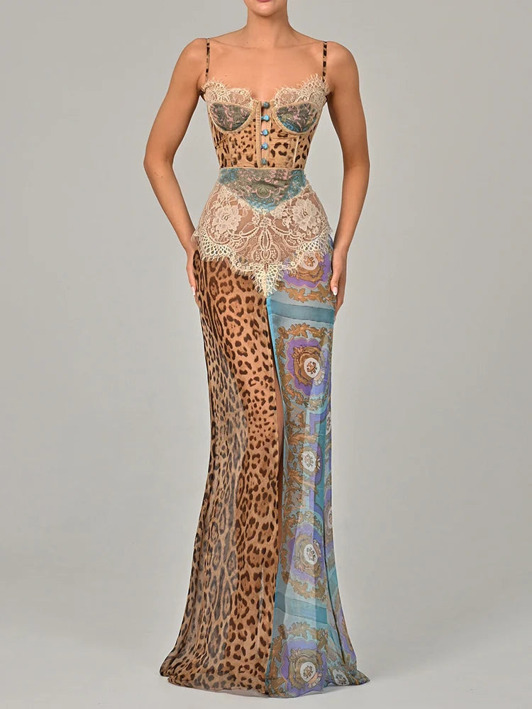 Women’s Leopard Print Corset Maxi Dress | Lace Patchwork High Slit Evening Gown for Parties, Vacations & Special Occasions