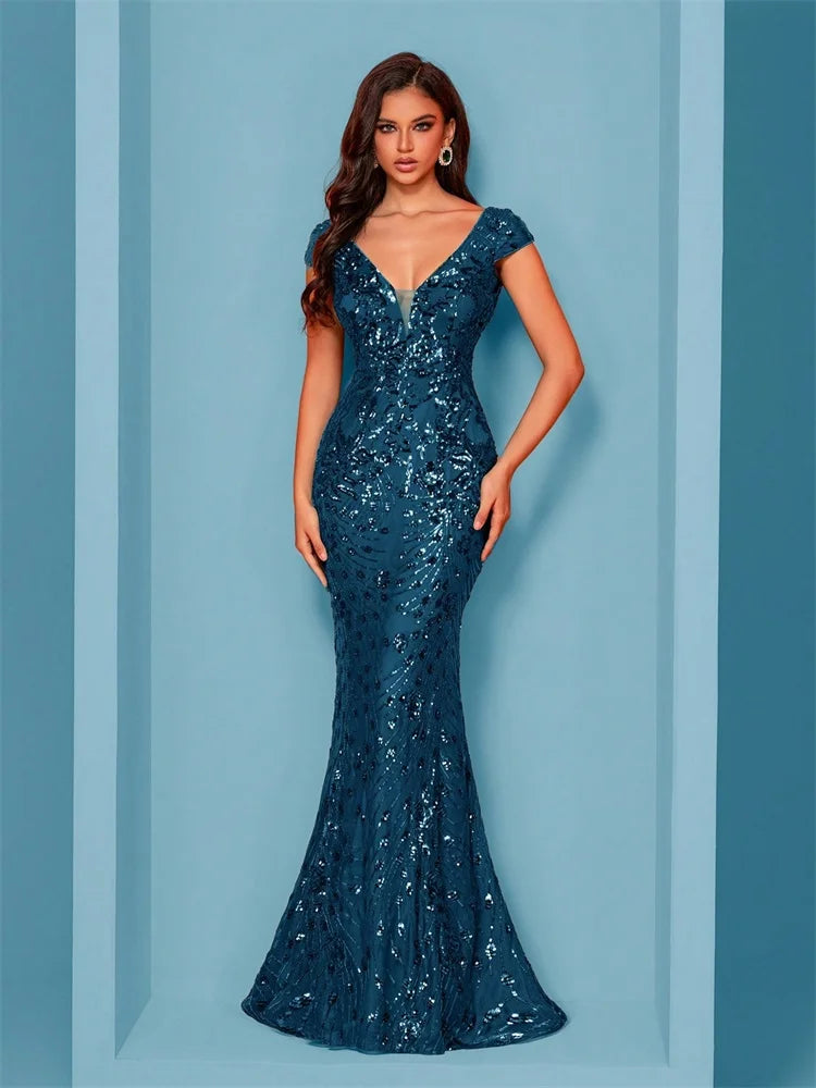 Women’s Navy Blue Sequin Mermaid Evening Gown | V-Neck Formal Maxi Dress for Prom, Galas, Weddings & Black Tie Events