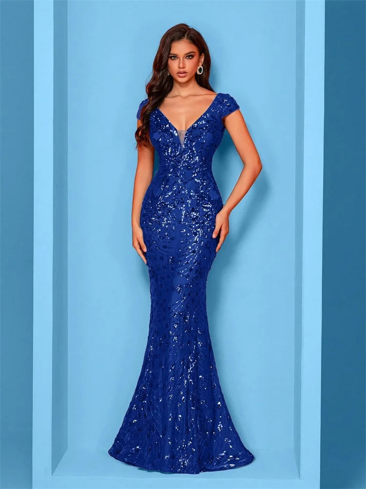 Women’s Royal Blue Sequin Mermaid Evening Gown | Deep V-Neck Formal Maxi Dress for Prom, Galas, Weddings & Black Tie Events