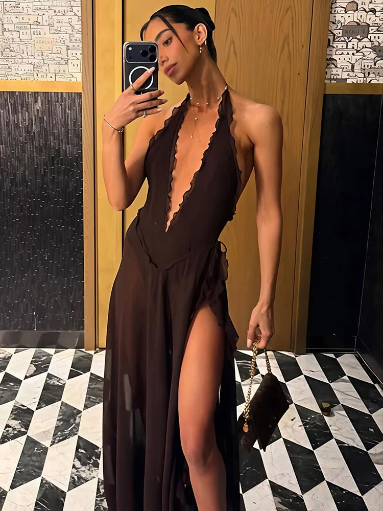 Women’s Chocolate Brown Halter Maxi Dress | Deep Plunge Backless Beach Vacation & Resort Gown