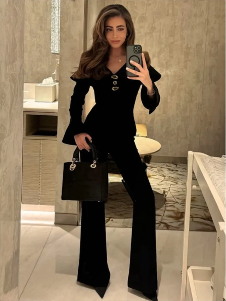 Black Retro Sexy Two Piece Set For Women V Neck Slim Long Sleeve Top Fashionable Flare Pants Elegant Suit Female