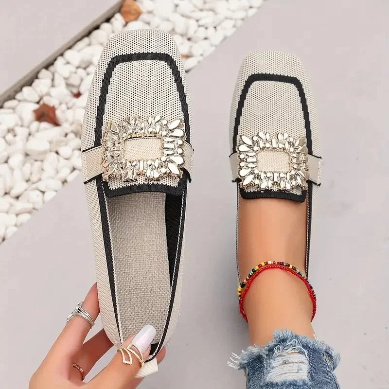Women’s Embellished Loafer Flats – Elegant Square Toe Slip-On Shoes for Casual, Office & Party Wear