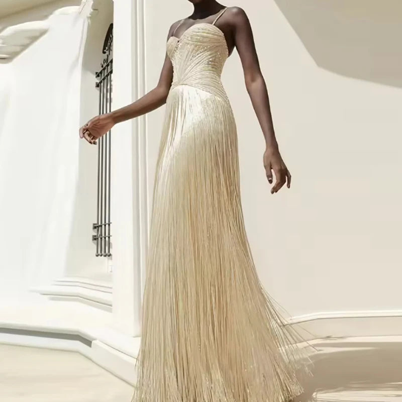 Women’s Gold Sequin Fringe Evening Gown | Strapless Corset Maxi Dress for Galas, Prom, Weddings & Formal Events