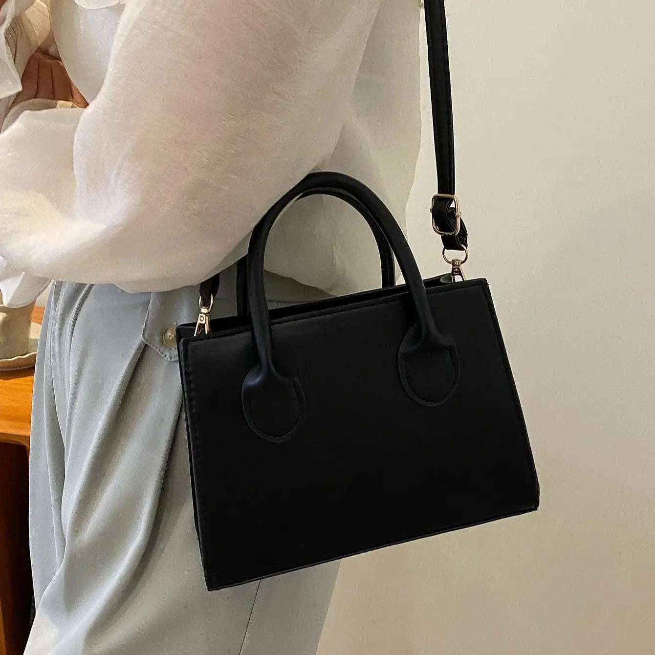 Black Mini Top Handle Handbag for Women | Structured Crossbody Satchel Purse | Elegant Leather Shoulder Bag