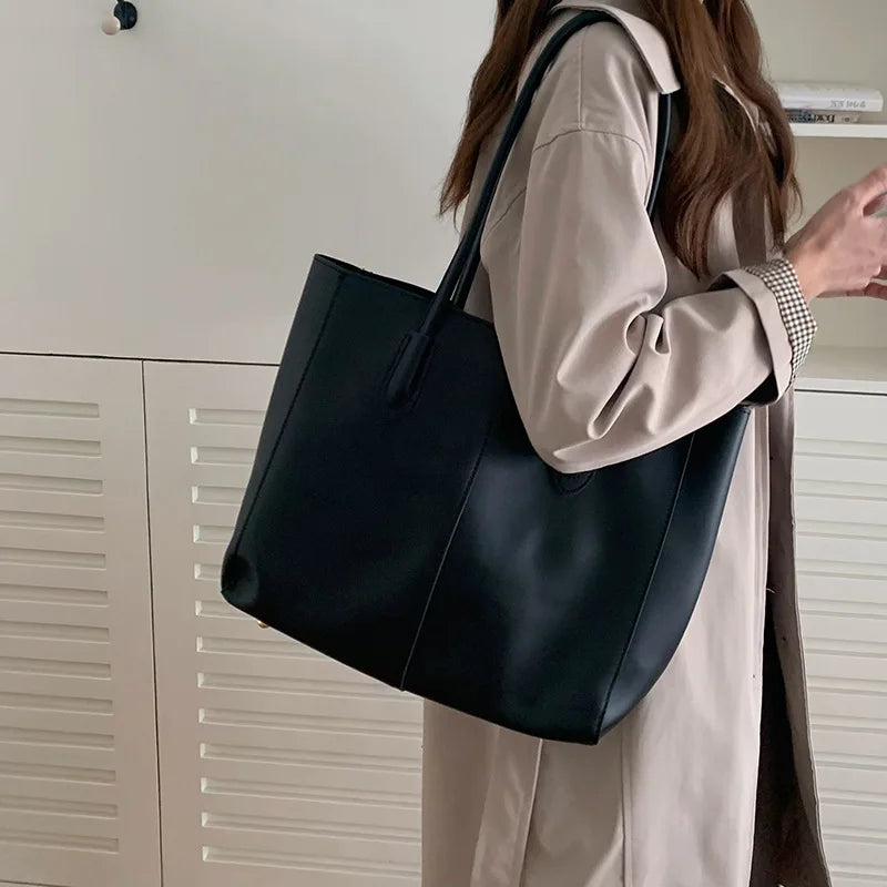 Luxury Leather Tote Bag for Women | Minimalist Shoulder Handbag | Large Capacity Everyday Office Purse | Elegant Vintage Shopper Bag