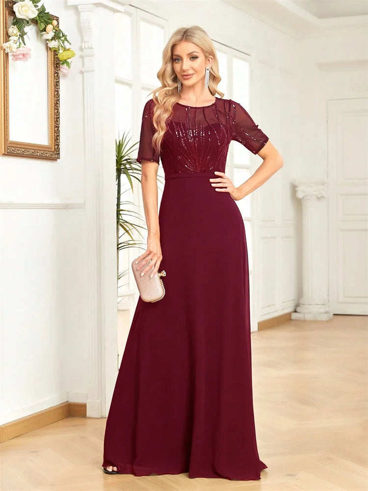 Women’s Burgundy Chiffon Evening Gown | Beaded Illusion Neck Formal Maxi Dress for Weddings, Mother of the Bride & Gala Events