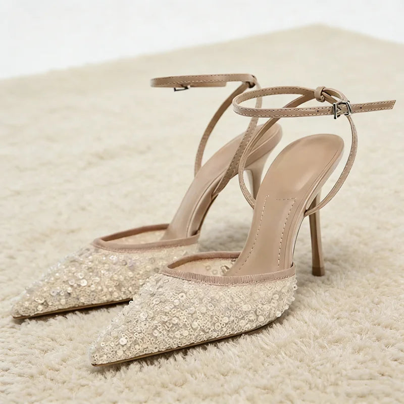Women’s Embellished Stiletto Heels – Elegant Pointed Toe Ankle Strap Pumps for Wedding & Party Wear