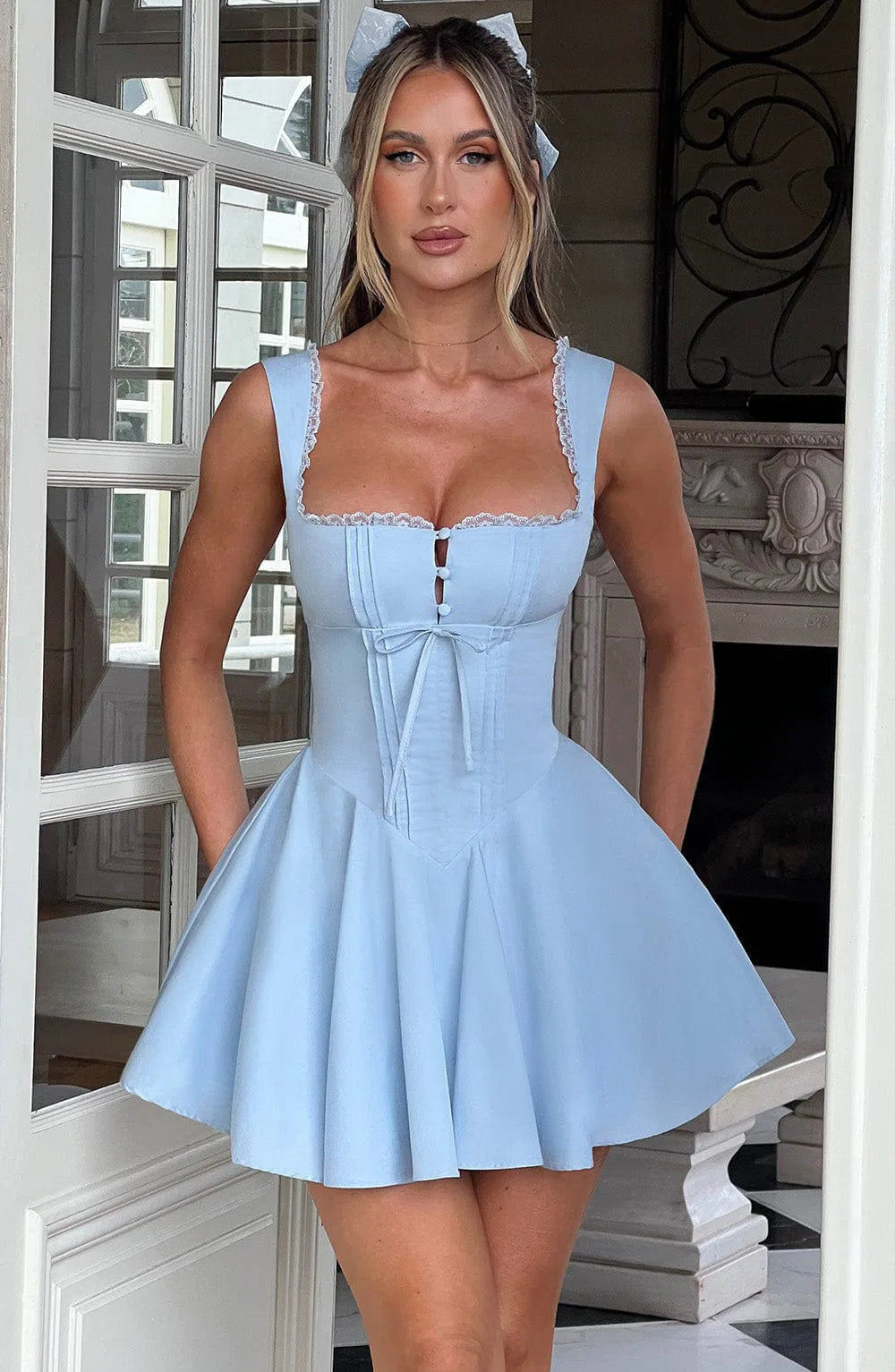 Women’s Corset Mini Dress | Cottagecore Lace Trim Sundress for Vacation & Summer Parties